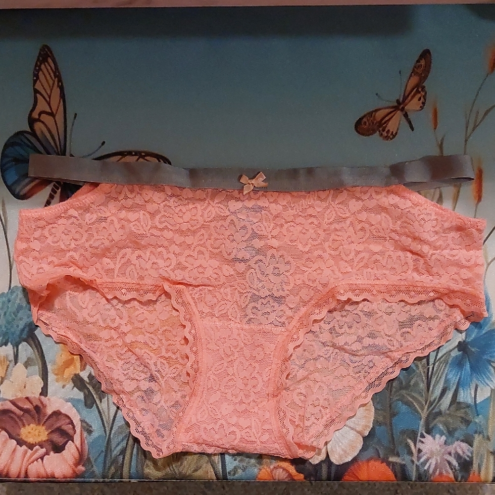 Aerie Pink Lace Boyshort Panties With Gray Cutout Detail